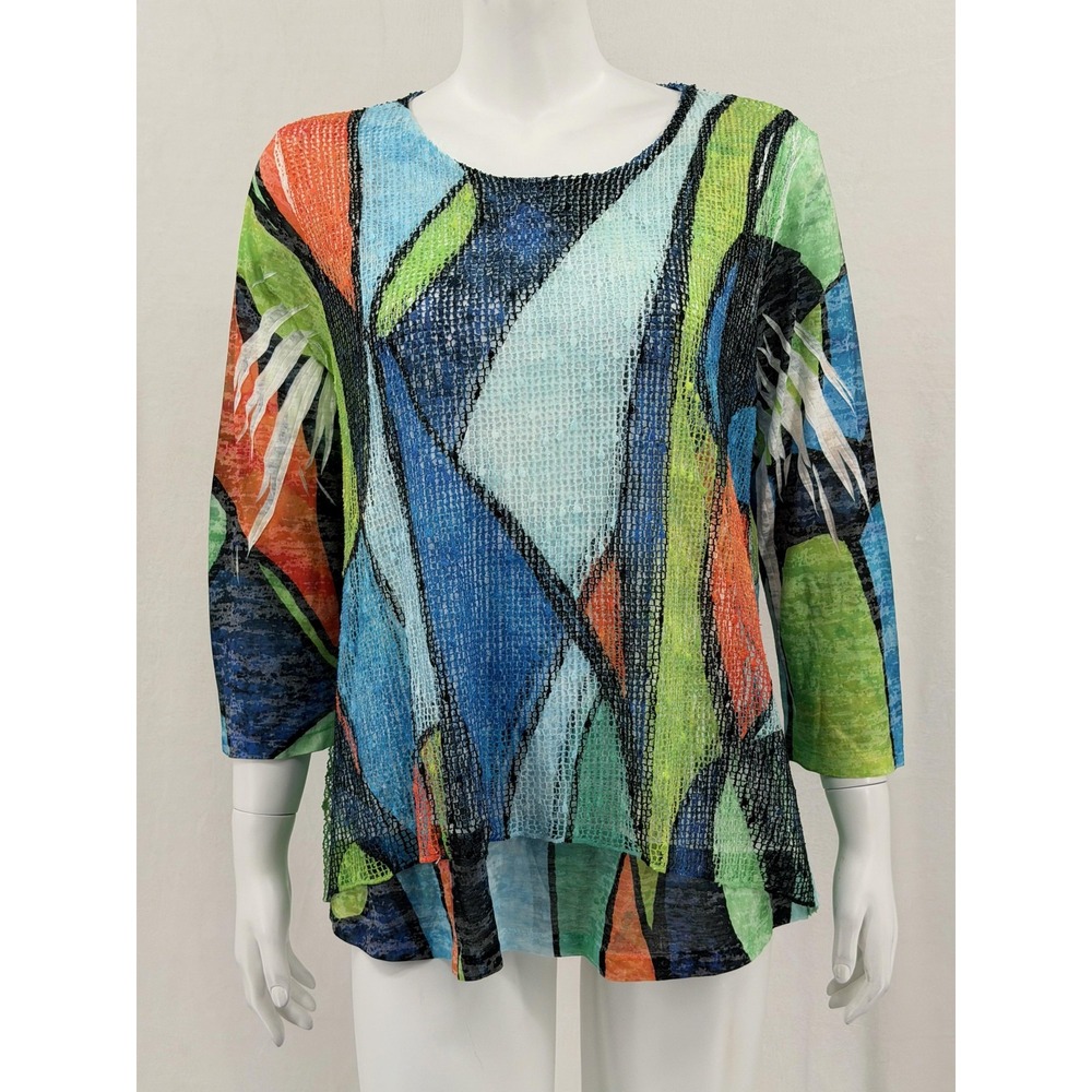 Jess & Jane Top Womens Medium Green Blue Abstract Mesh Knit Artsy Colorful‎ Boho